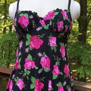 Fuchsia Rose Garden Black Slip Dress Sleepwear